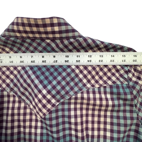 Wrangler Western Shirt Womens Small Purple Teal Plaid Pearl Snap Retro Cowgirl - Picture 7 of 15